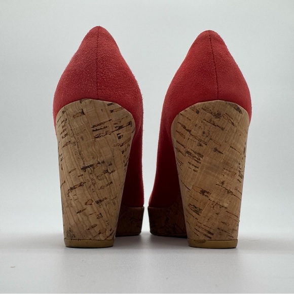 Stuart Weitzman Coral/Red Suede Peep Toe Wedge Heel Size 5.5 M - Picture 5 of 11